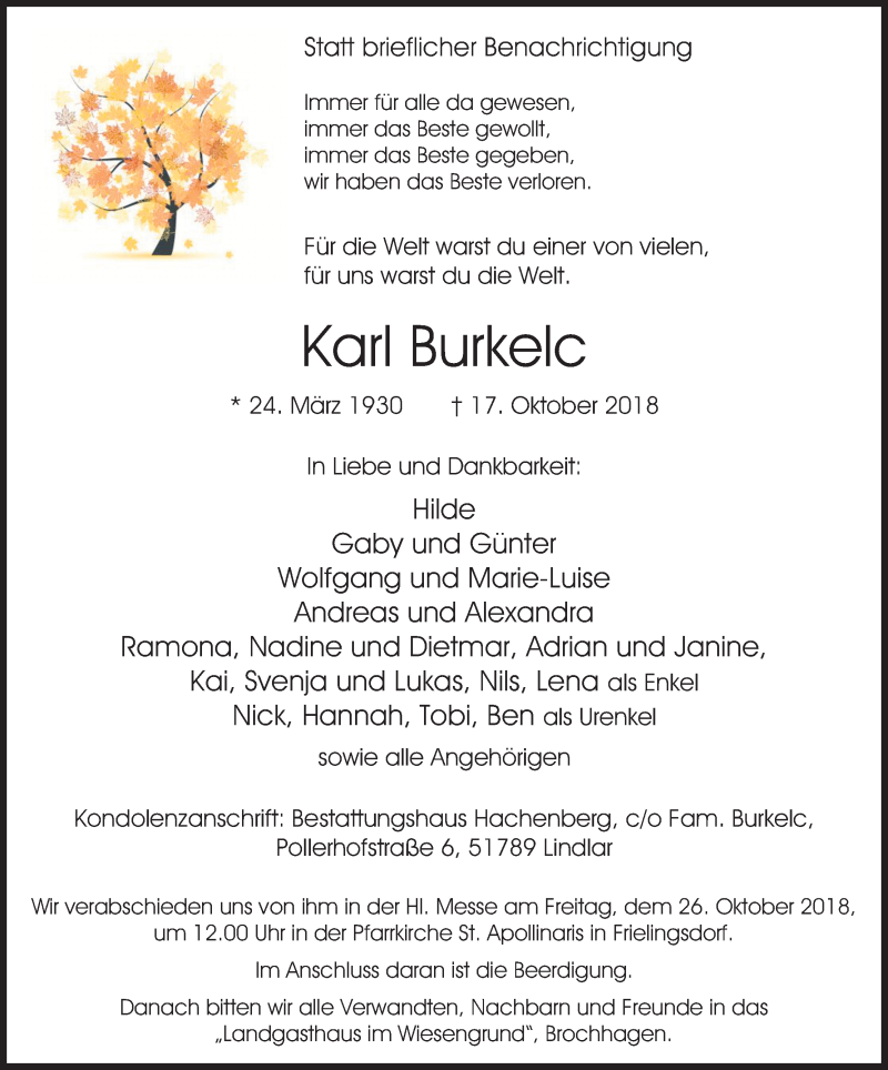  Traueranzeige für Karl Burkelc vom 23.10.2018 aus Kölner Stadt-Anzeiger / Kölnische Rundschau / Express