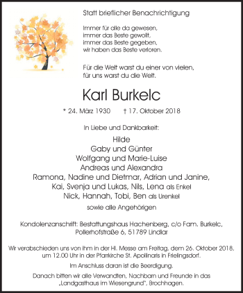 Anzeige von Karl Burkelc von Kölner Stadt-Anzeiger / Kölnische Rundschau / Express