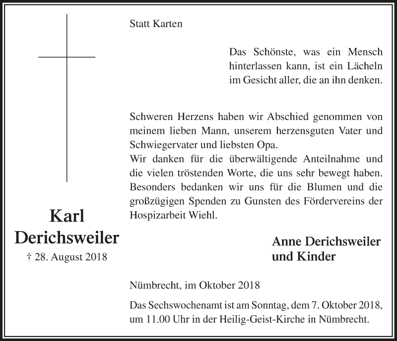  Traueranzeige für Karl Derichsweiler vom 03.10.2018 aus  Anzeigen Echo  Lokalanzeiger 