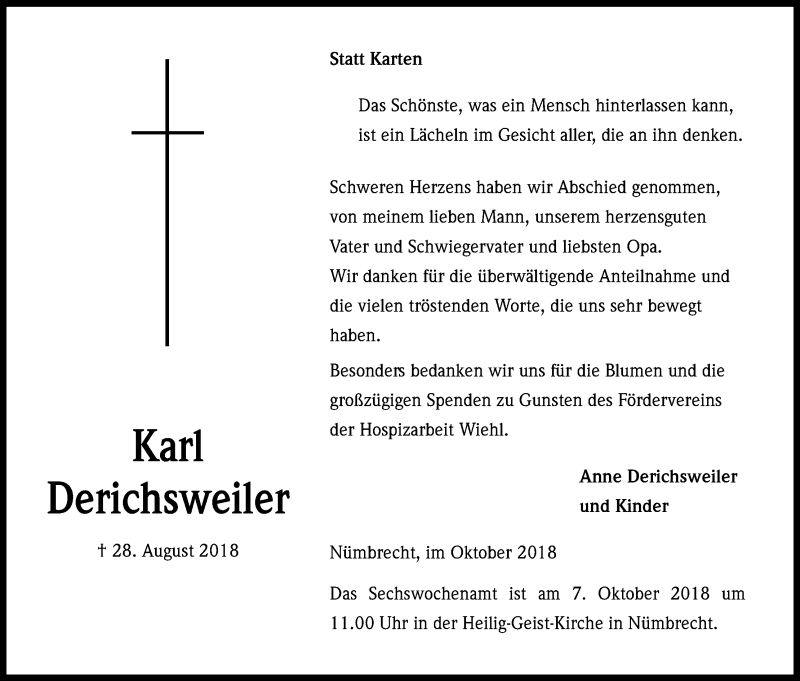  Traueranzeige für Karl Derichsweiler vom 06.10.2018 aus Kölner Stadt-Anzeiger / Kölnische Rundschau / Express