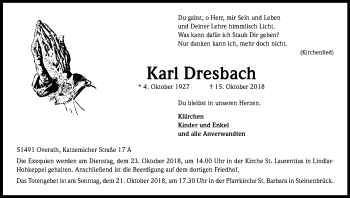 Anzeige von Karl Dresbach von Kölner Stadt-Anzeiger / Kölnische Rundschau / Express