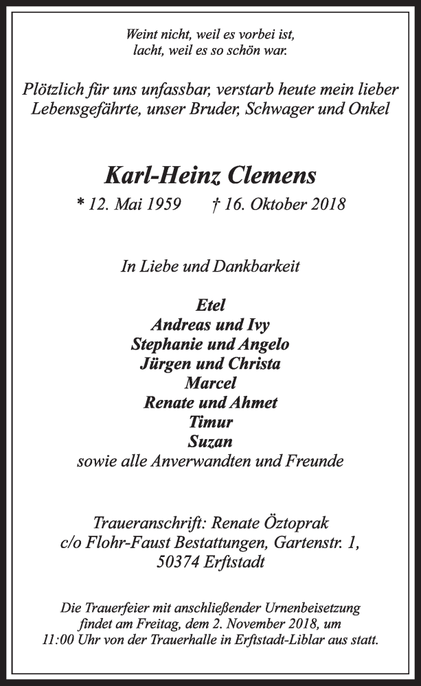  Traueranzeige für Karl-Heinz Clemens vom 27.10.2018 aus  Sonntags-Post 