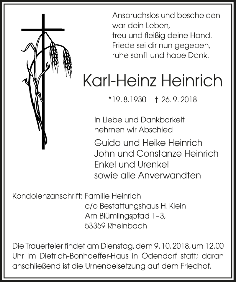  Traueranzeige für Karl-Heinz Heinrich vom 03.10.2018 aus  Schaufenster/Blickpunkt 