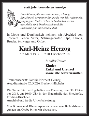 Anzeige von Karl-Heinz Herzog von  Wochenende 