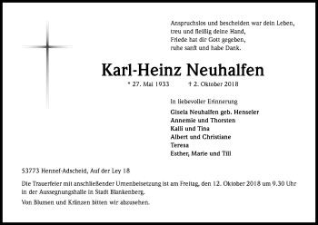 Anzeige von Karl-Heinz Neuhalfen von Kölner Stadt-Anzeiger / Kölnische Rundschau / Express