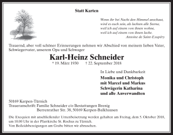 Anzeige von Karl-Heinz Schneider von  Werbepost 