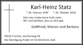Anzeige von Karl-Heinz Statz von  Sonntags-Post 