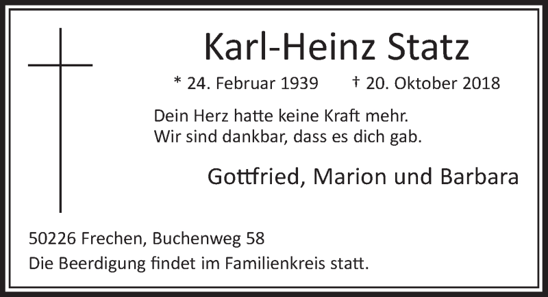  Traueranzeige für Karl-Heinz Statz vom 27.10.2018 aus  Sonntags-Post 