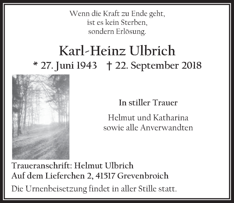  Traueranzeige für Karl-Heinz Ulbrich vom 03.10.2018 aus  Werbepost 