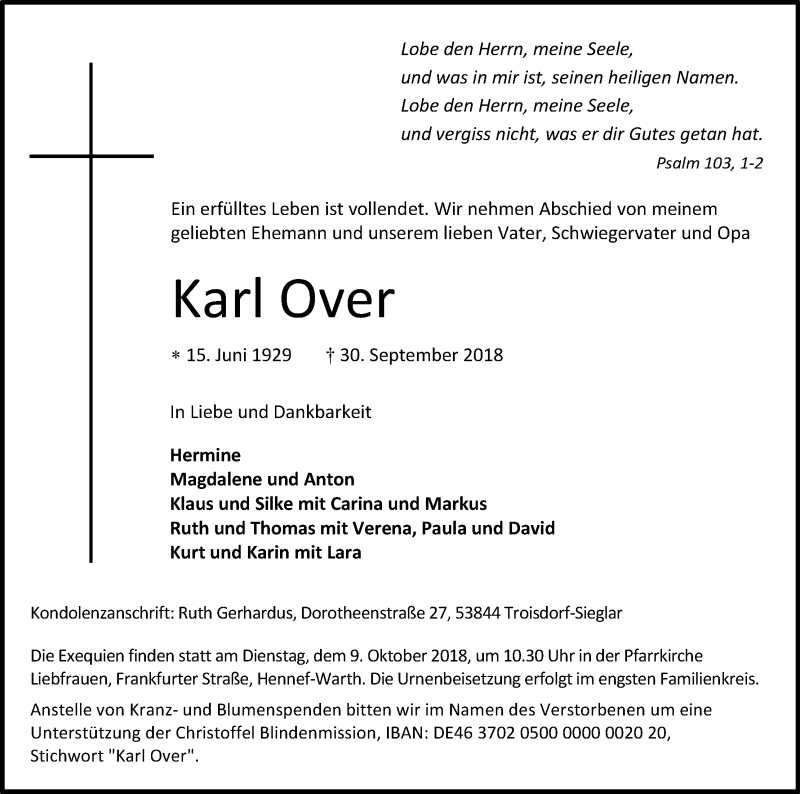 Traueranzeige für Karl Over vom 06.10.2018 aus Kölner Stadt-Anzeiger / Kölnische Rundschau / Express