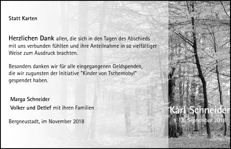  Traueranzeige für Karl Schneider vom 31.10.2018 aus  Anzeigen Echo 