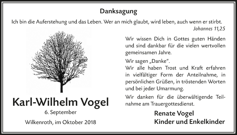  Traueranzeige für Karl-Wilhelm Vogel vom 31.10.2018 aus  Lokalanzeiger 