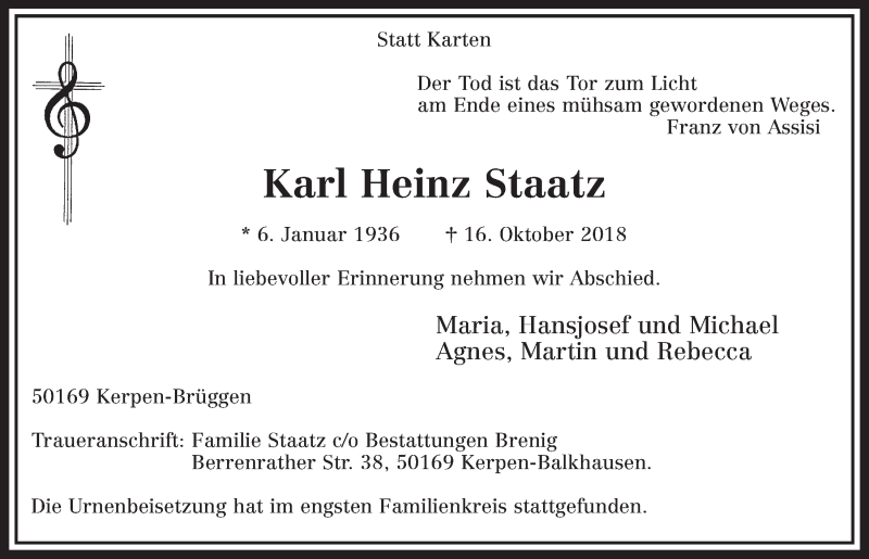  Traueranzeige für Karl Heinz Staatz vom 27.10.2018 aus  Sonntags-Post 