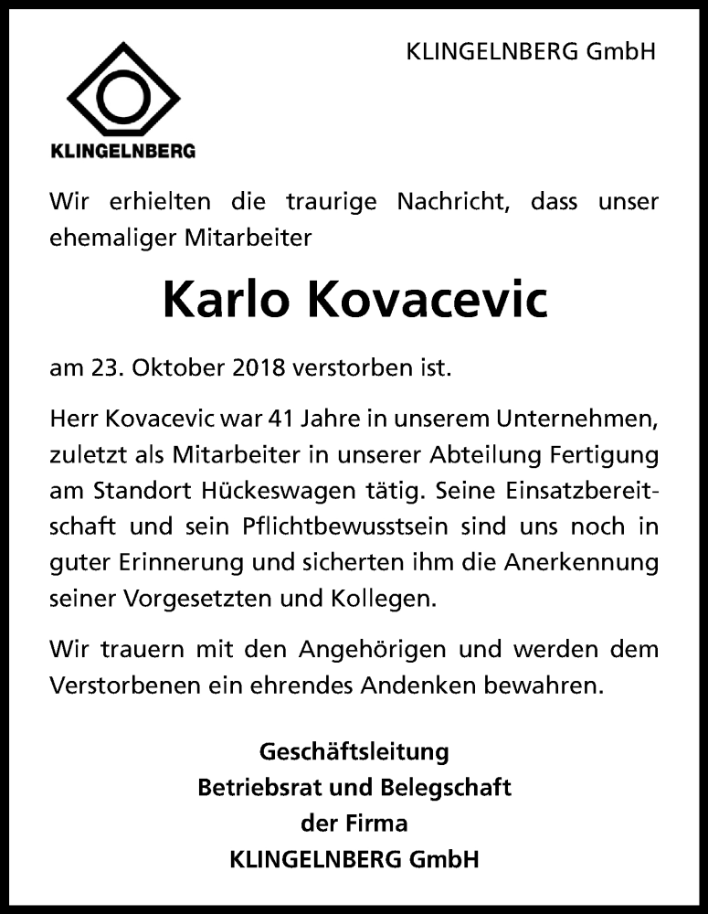  Traueranzeige für Karlo Kovacevic vom 30.10.2018 aus Kölner Stadt-Anzeiger / Kölnische Rundschau / Express