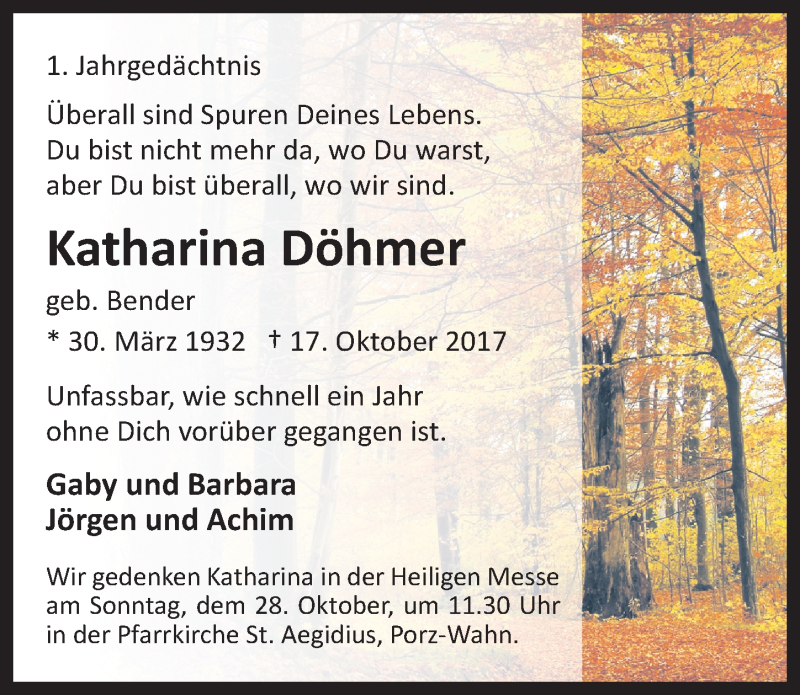 Traueranzeige für Katharina Döhmer vom 17.10.2018 aus  Kölner Wochenspiegel 