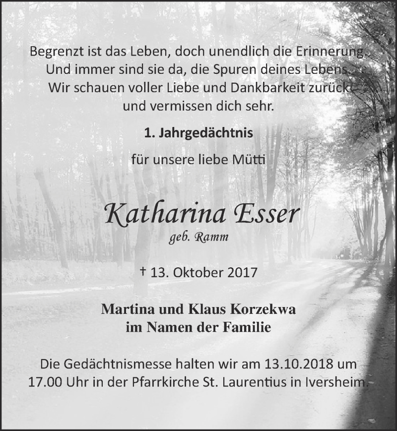  Traueranzeige für Katharina Esser vom 06.10.2018 aus  Blickpunkt Euskirchen 
