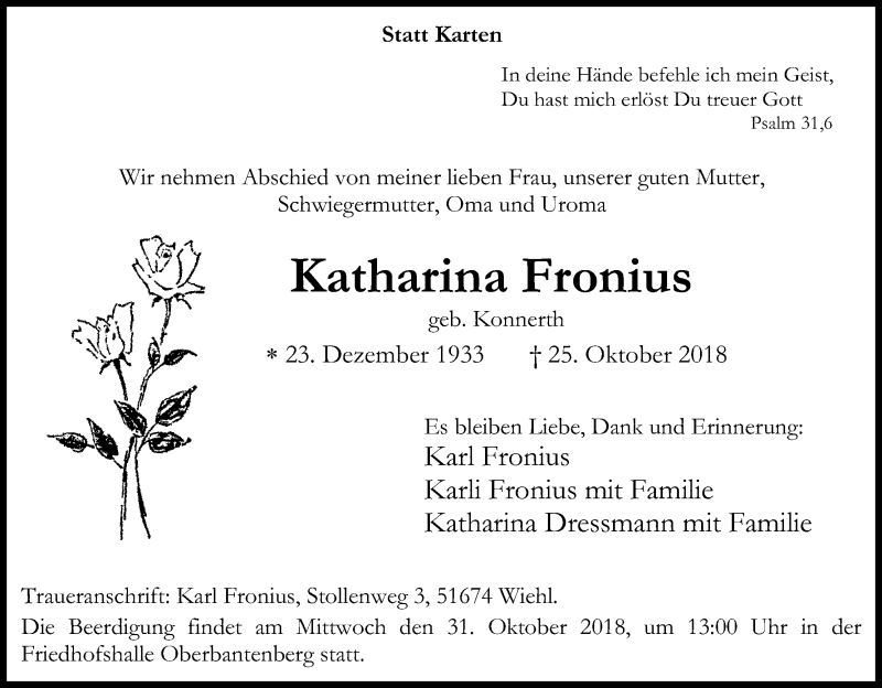  Traueranzeige für Katharina Fronius vom 30.10.2018 aus Kölner Stadt-Anzeiger / Kölnische Rundschau / Express