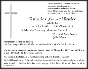 Anzeige von Katharina Hirseler von  Sonntags-Post 