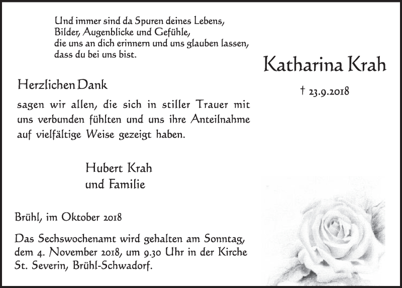  Traueranzeige für Katharina Krah vom 24.10.2018 aus  Schlossbote/Werbekurier 