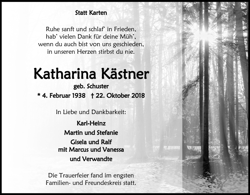 Traueranzeige für Katharina Kästner vom 27.10.2018 aus Kölner Stadt-Anzeiger / Kölnische Rundschau / Express