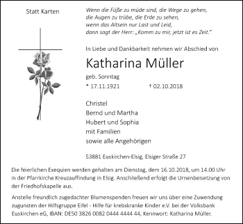 Anzeige von Katharina Müller von Kölner Stadt-Anzeiger / Kölnische Rundschau / Express