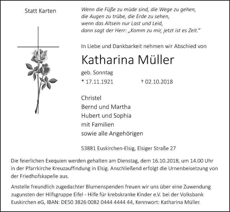  Traueranzeige für Katharina Müller vom 12.10.2018 aus Kölner Stadt-Anzeiger / Kölnische Rundschau / Express