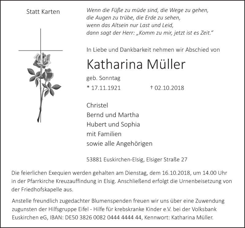  Traueranzeige für Katharina Müller vom 13.10.2018 aus  Blickpunkt Euskirchen 