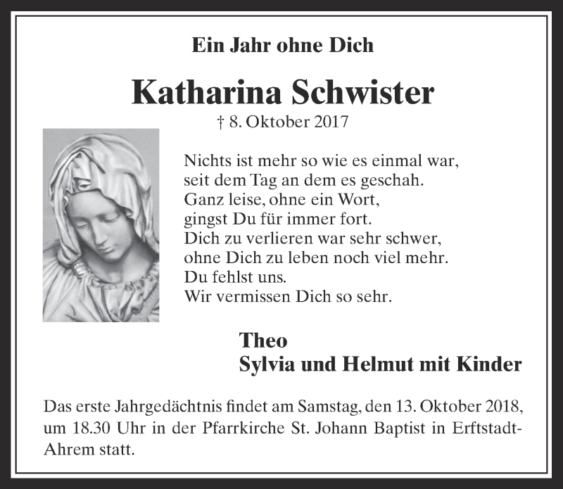  Traueranzeige für Katharina Schwister vom 03.10.2018 aus  Werbepost 