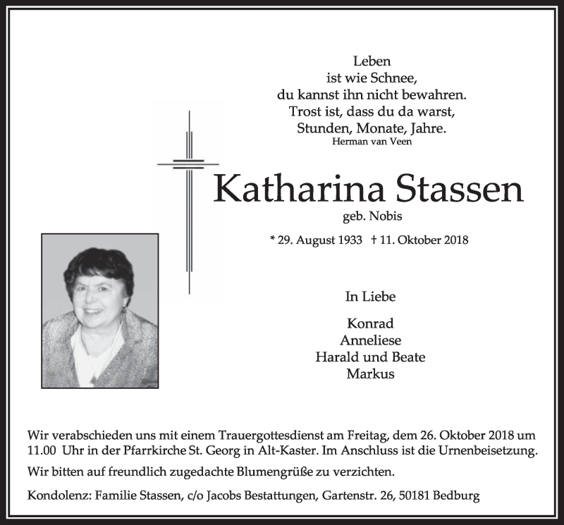  Traueranzeige für Katharina Stassen vom 20.10.2018 aus  Sonntags-Post 