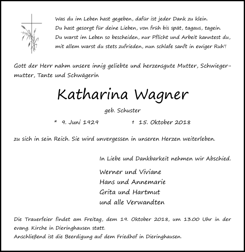  Traueranzeige für Katharina Wagner vom 19.10.2018 aus Kölner Stadt-Anzeiger / Kölnische Rundschau / Express