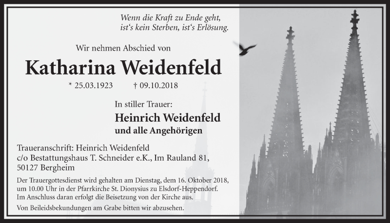  Traueranzeige für Katharina Weidenfeld vom 13.10.2018 aus  Sonntags-Post 