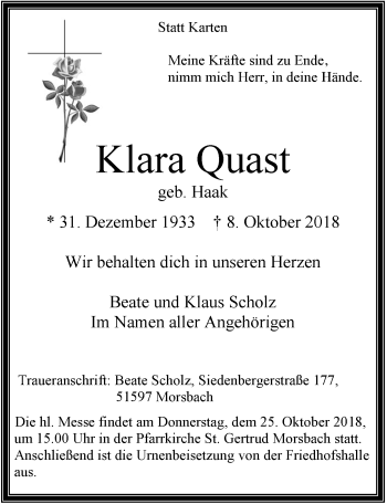 Anzeige von Klara Quast von  Lokalanzeiger 