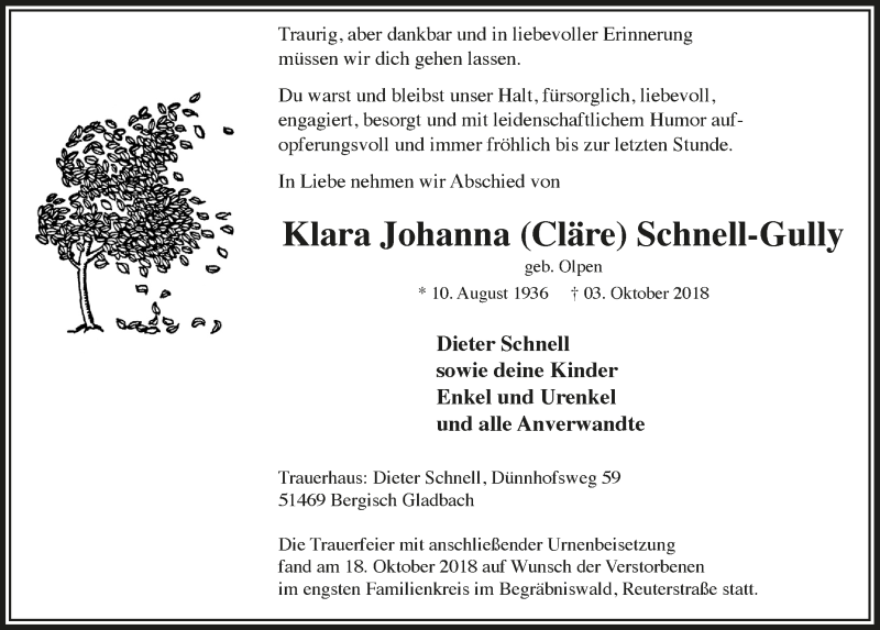  Traueranzeige für Klara Johanna Schnell-Gully vom 24.10.2018 aus  Bergisches Handelsblatt 