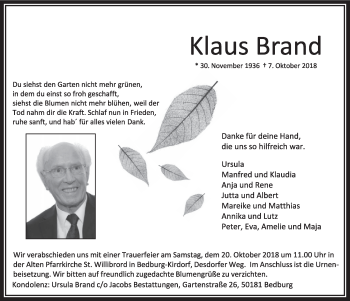 Anzeige von Klaus Brand von  Sonntags-Post 