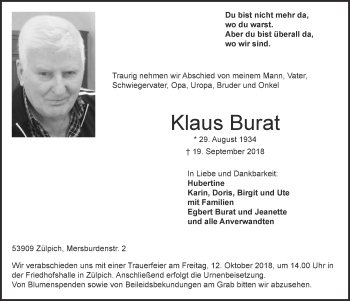 Anzeige von Klaus Burat von  Blickpunkt Euskirchen 