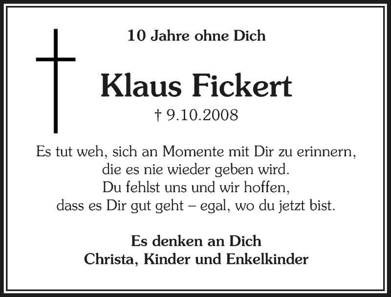  Traueranzeige für Klaus Fickert vom 10.10.2018 aus  Anzeigen Echo 