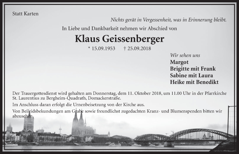  Traueranzeige für Klaus Geissenberger vom 06.10.2018 aus  Sonntags-Post 