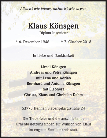 Anzeige von Klaus Könsgen von Kölner Stadt-Anzeiger / Kölnische Rundschau / Express