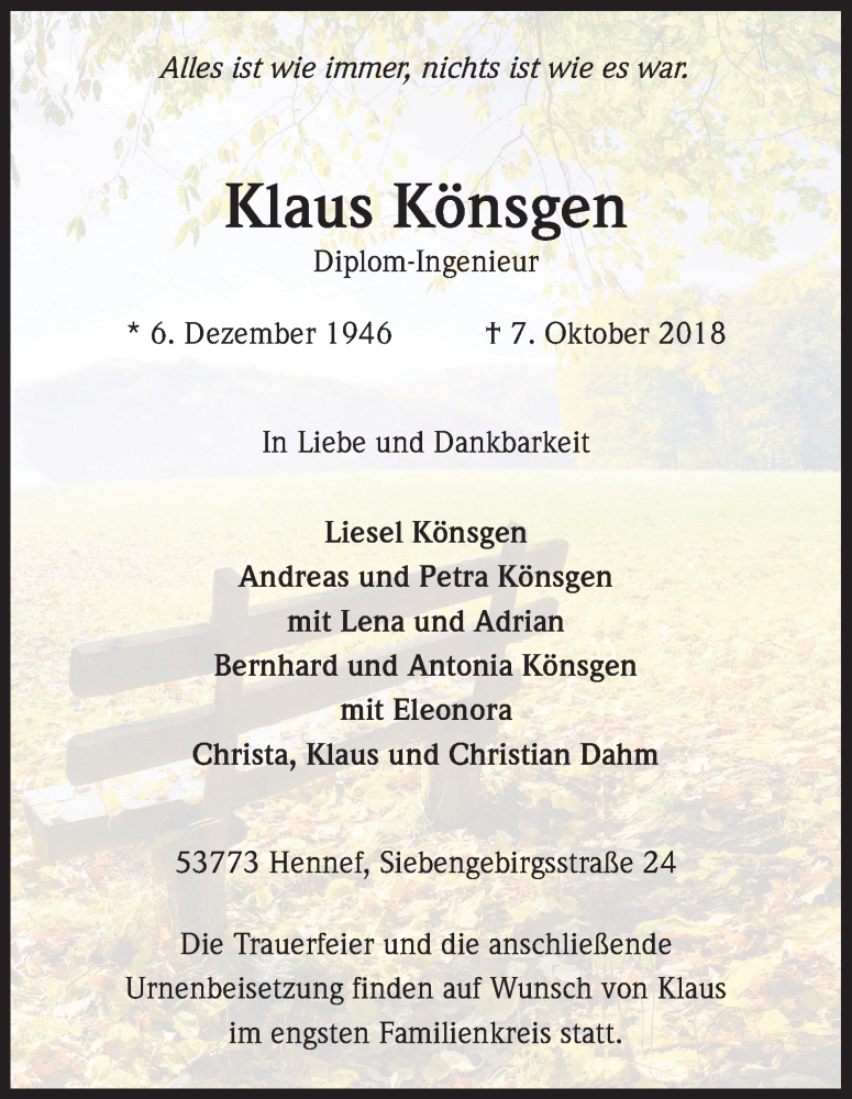  Traueranzeige für Klaus Könsgen vom 13.10.2018 aus Kölner Stadt-Anzeiger / Kölnische Rundschau / Express