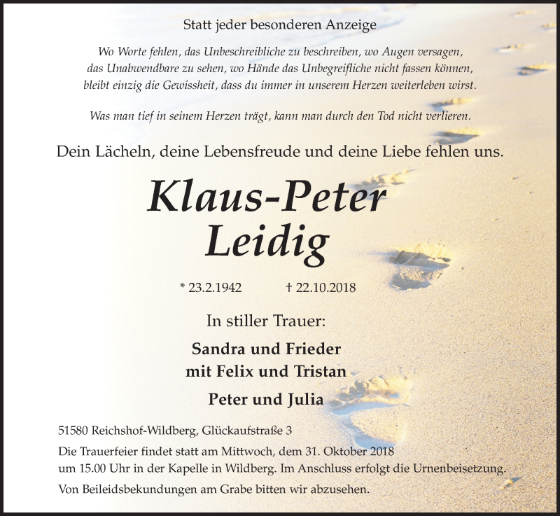  Traueranzeige für Klaus-Peter Leidig vom 27.10.2018 aus Kölner Stadt-Anzeiger / Kölnische Rundschau / Express