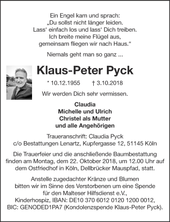 Anzeige von Klaus-Peter Pyck von  Kölner Wochenspiegel 