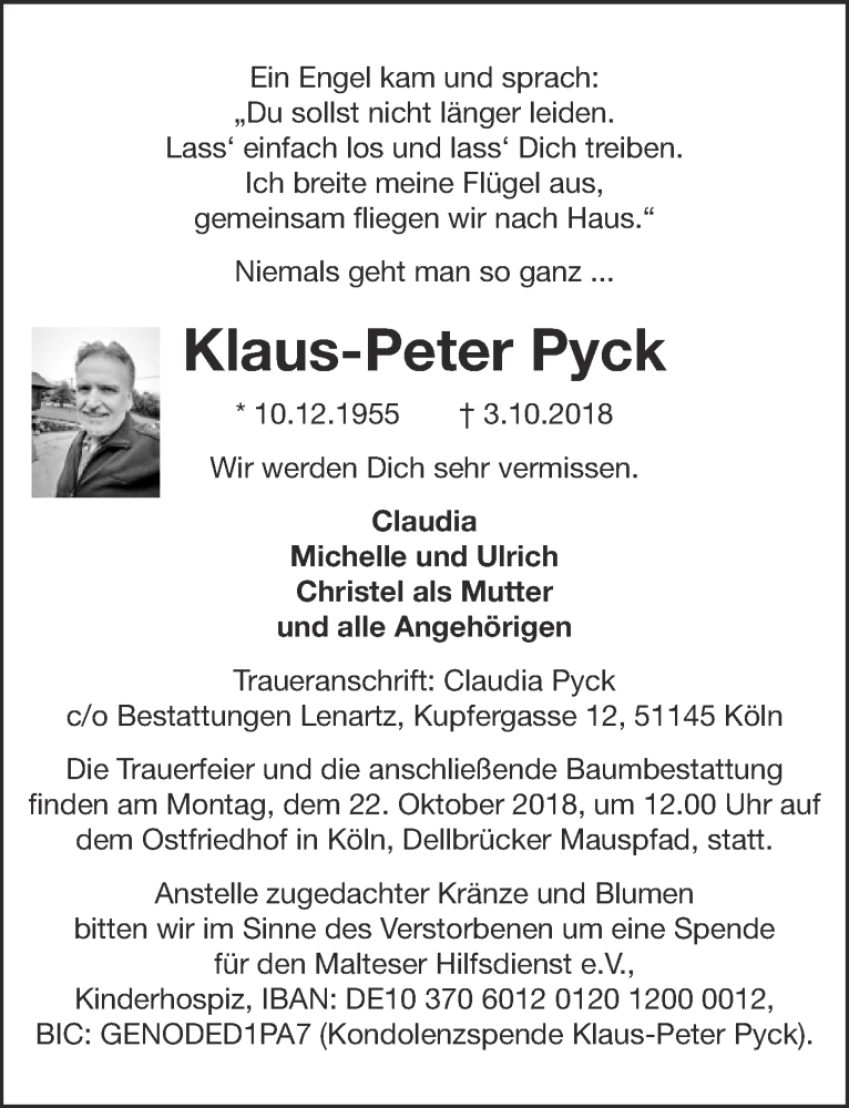  Traueranzeige für Klaus-Peter Pyck vom 10.10.2018 aus  Kölner Wochenspiegel 