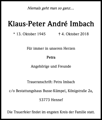 Anzeige von Klaus-Peter André Imbach von Kölner Stadt-Anzeiger / Kölnische Rundschau / Express