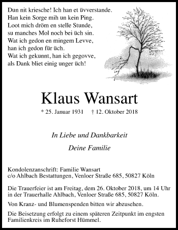 Anzeige von Klaus Wansart von Kölner Stadt-Anzeiger / Kölnische Rundschau / Express