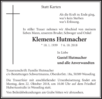 Anzeige von Klemens Hutmacher von  Schlossbote/Werbekurier 