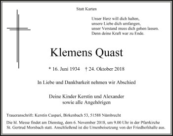 Anzeige von Klemens Quast von  Lokalanzeiger 