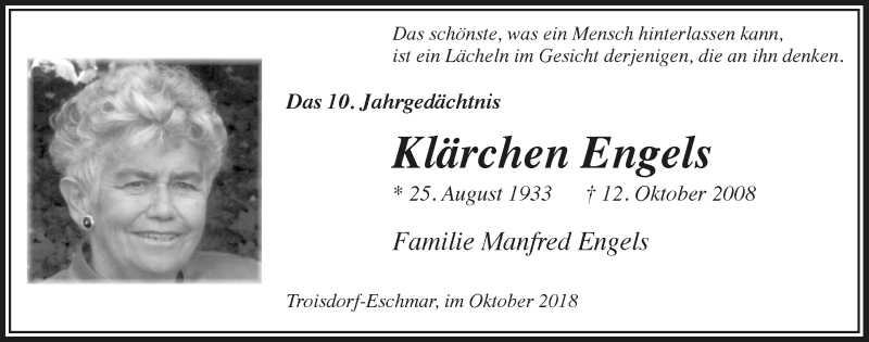  Traueranzeige für Klärchen Engels vom 10.10.2018 aus  Extra Blatt 