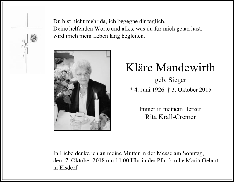  Traueranzeige für Kläre Mandewirth vom 18.07.2023 aus Kölner Stadt-Anzeiger / Kölnische Rundschau / Express