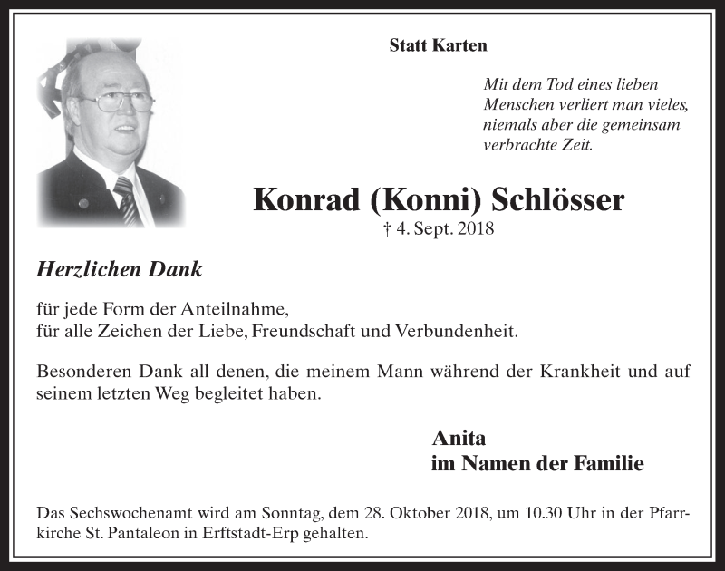  Traueranzeige für Konrad Schlösser vom 24.10.2018 aus  Werbepost 