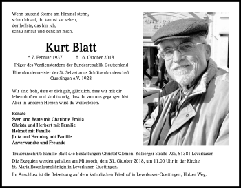 Anzeige von Kurt Blatt von Kölner Stadt-Anzeiger / Kölnische Rundschau / Express